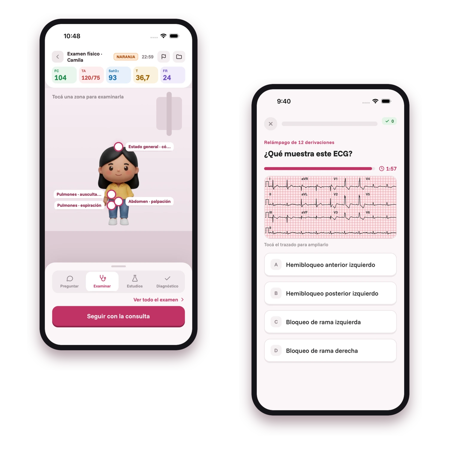 La app MedDesafio: un paciente del Modo Guardia y una pregunta con un ECG