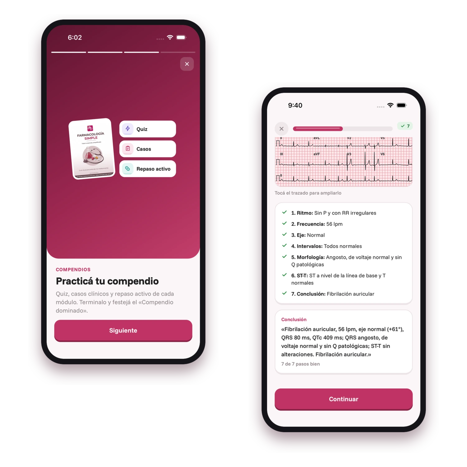 Un compendio en la app: quiz, casos y repaso activo, y la lectura de un ECG en 7 pasos
